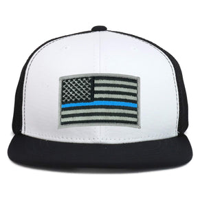 Armycrew Youth Kid's Thin Blue Line American Flag Patch Flat Bill Snapback Trucker Cap