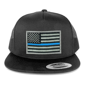 Flexfit 5 Panel American Flag Patched Snapback Mesh Charcoal Cap - Black Red Patch