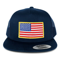 Flexfit 5 Panel American Flag Patched Snapback Mesh Back Navy Cap