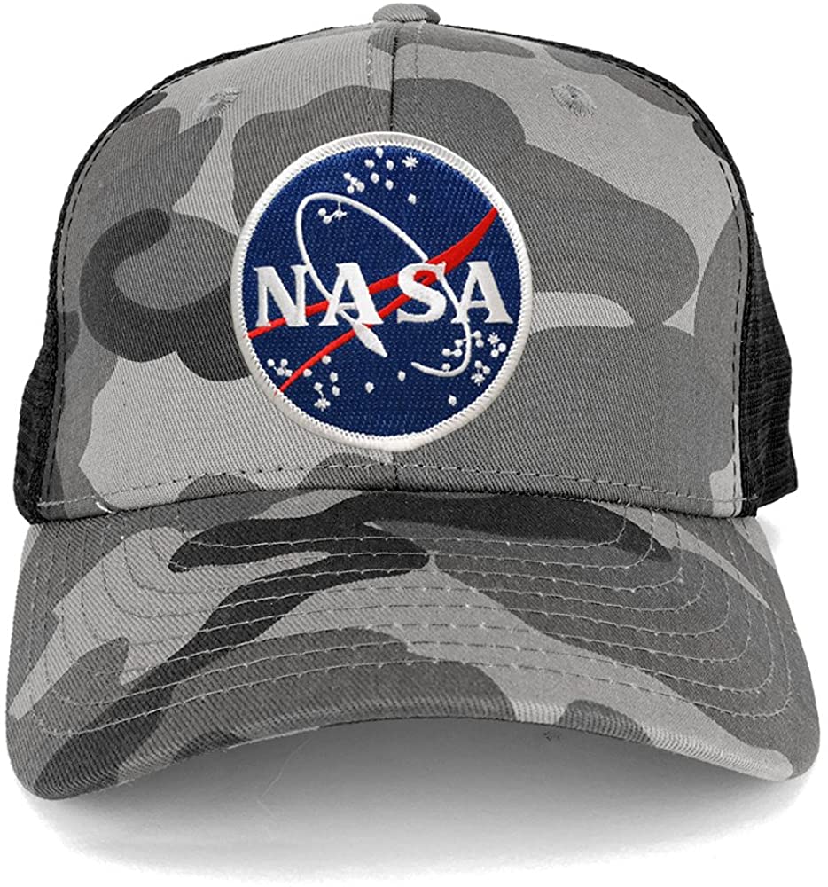 NASA Round Meatball Embroidered Iron On Patch Camo Adjustable Mesh Trucker Cap - NTG-Black