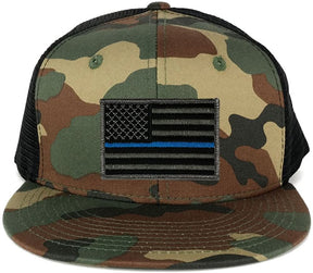 US American Flag Iron on Patch Flat Bill Camo Snapback Trucker Cap - WWB - Black Grey