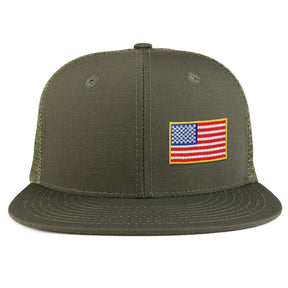 Small Side American Flag Iron on Patch Flat Bill Ripstop Trucker Mesh Cap