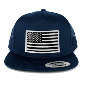 Flexfit 5 Panel American Flag Patched Snapback Mesh Back Navy Cap