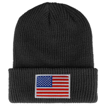 Armycrew White American Flag Embroidered Patch Ribbed Cuffed Knit Beanie - Black