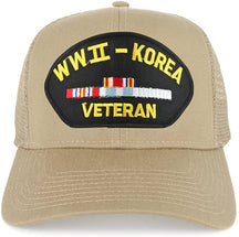 Armycrew WW2 to Korea Veteran Embroidered Patch Snapback Mesh Trucker Cap - Black