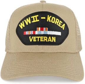 Armycrew WW2 to Korea Veteran Embroidered Patch Snapback Mesh Trucker Cap - Black