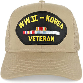 Armycrew WW2 to Korea Veteran Embroidered Patch Snapback Mesh Trucker Cap - Black