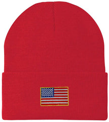 Armycrew Made in USA - Small American Flag Embroidered Patch Long Cuff Beanie