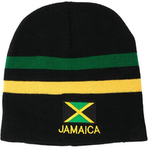 Armycrew Green, Yellow Stripe Jamaica Flag and Text Embroidered Short Beanie Hat