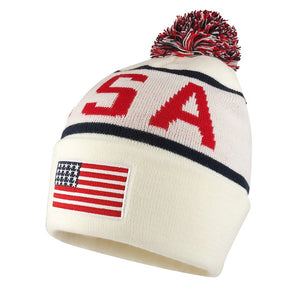 Armycrew USA Pom Pom Stylish Acrylic Cuff Winter Beanie Hat - Flag Patch - White Navy
