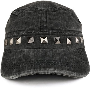 Distressed Flat Top Metallic Studded Frayed Cadet Style Army Cap