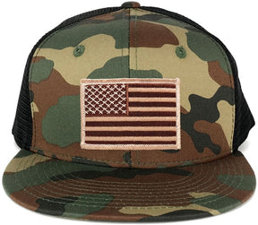 US American Flag Iron on Patch Flat Bill Camo Snapback Trucker Cap - WWB - Black Grey