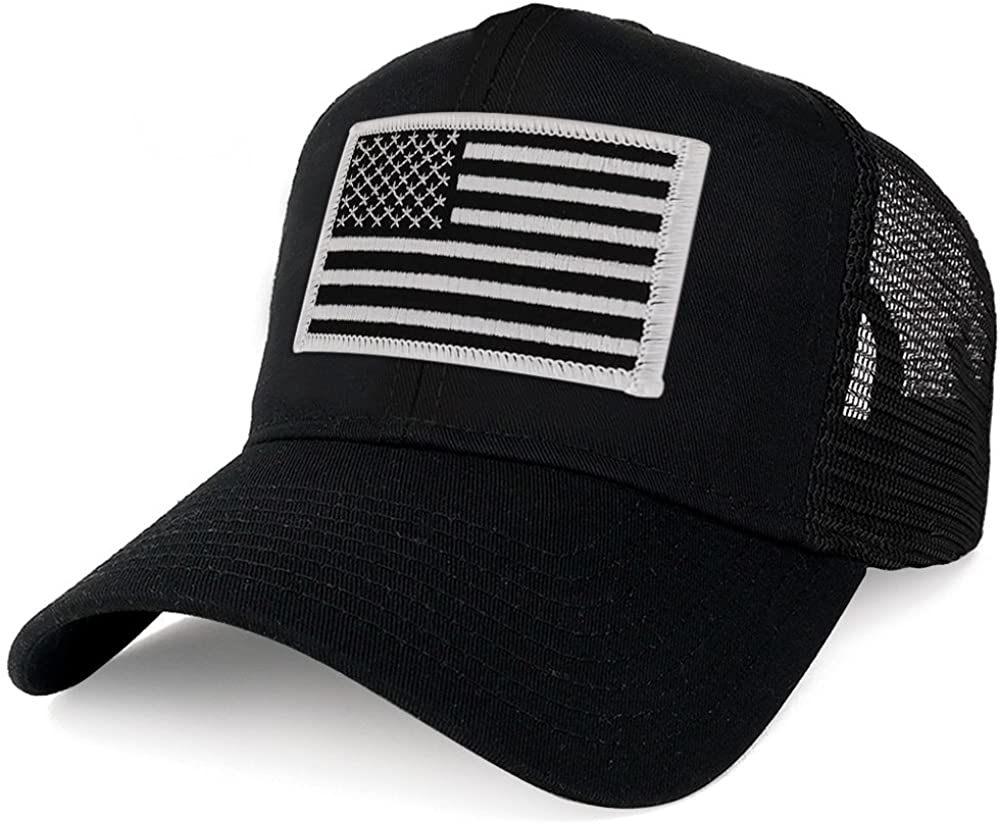 Armycrew XXL Oversize Black White USA Flag Patch Mesh Back Trucker Baseball Cap - Black