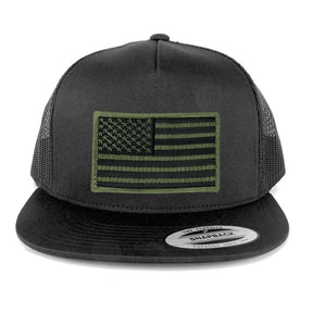 Flexfit 5 Panel American Flag Patched Snapback Mesh Charcoal Cap - Black Red Patch