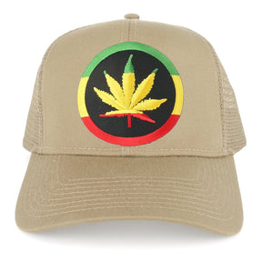 RGY Marijuana Leaf Rasta Circle Iron on Embroidered Patch Adjustable Trucker Cap - Black