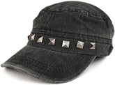 Distressed Flat Top Metallic Studded Frayed Cadet Style Army Cap