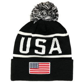 Armycrew USA Pom Pom Stylish Acrylic Cuff Winter Beanie Hat - Flag Patch - Black White