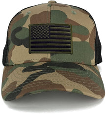 US American Flag Embroidered Iron on Patch Adjustable Camo Trucker Cap - WWB - Black Grey