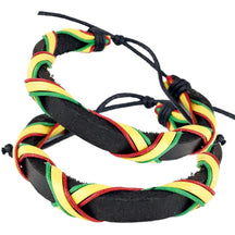 Reggae Rasta Red Green and Yellow Leather Style Unisex Round Bracelet - 2PC Set