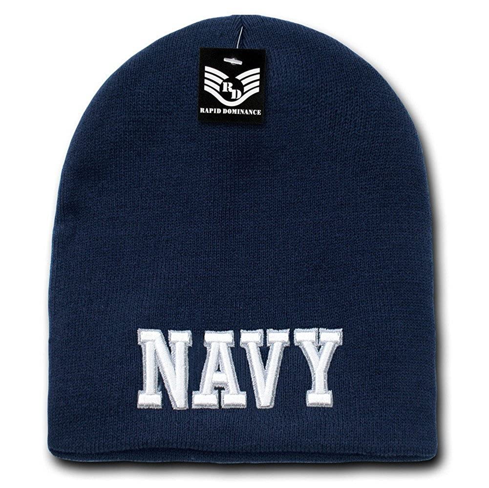 Classic Military Embroidered Knit Short Beanie - Navy Text