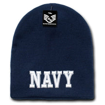 Classic Military Embroidered Knit Short Beanie - Navy Text