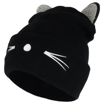Armycrew Rhinestone Cat Ear Long Cuff Beanie with Nose Whisker Embroidery