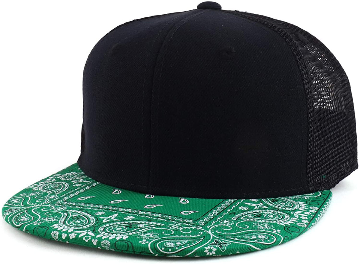 DECKY Paisley Bandana Print Flat Bill Trucker Mesh Snapback Cap - Black Grey