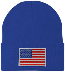Made in USA - White American Flag Embroidered Patch Long Cuff Beanie