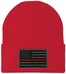 Made in USA - Thin RED Line American Flag Embroidered Patch Long Cuff Beanie