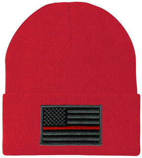 Made in USA - Thin RED Line American Flag Embroidered Patch Long Cuff Beanie