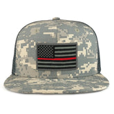Thin Red American Flag Iron on Patch Flat Bill Ripstop Trucker Mesh Cap