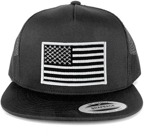 Flexfit 5 Panel American Flag Patched Snapback Mesh Charcoal Cap - Black Red Patch