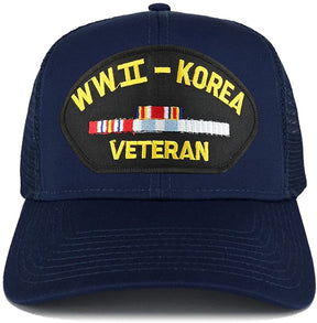 Armycrew WW2 to Korea Veteran Embroidered Patch Snapback Mesh Trucker Cap - Black