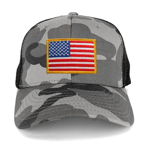 US American Flag Embroidered Iron on Patch Adjustable Urban Camo Trucker Cap - UUB - Black Grey