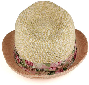 Armycrew Ladies Two Tone Paper Straw Fedora Hat with Floral Print Hatband