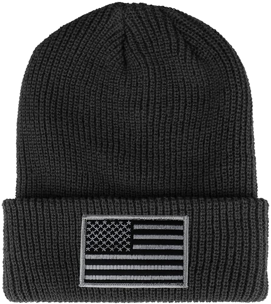 Armycrew Black Grey American Flag Embroidered Patch Ribbed Cuffed Knit Beanie - Black