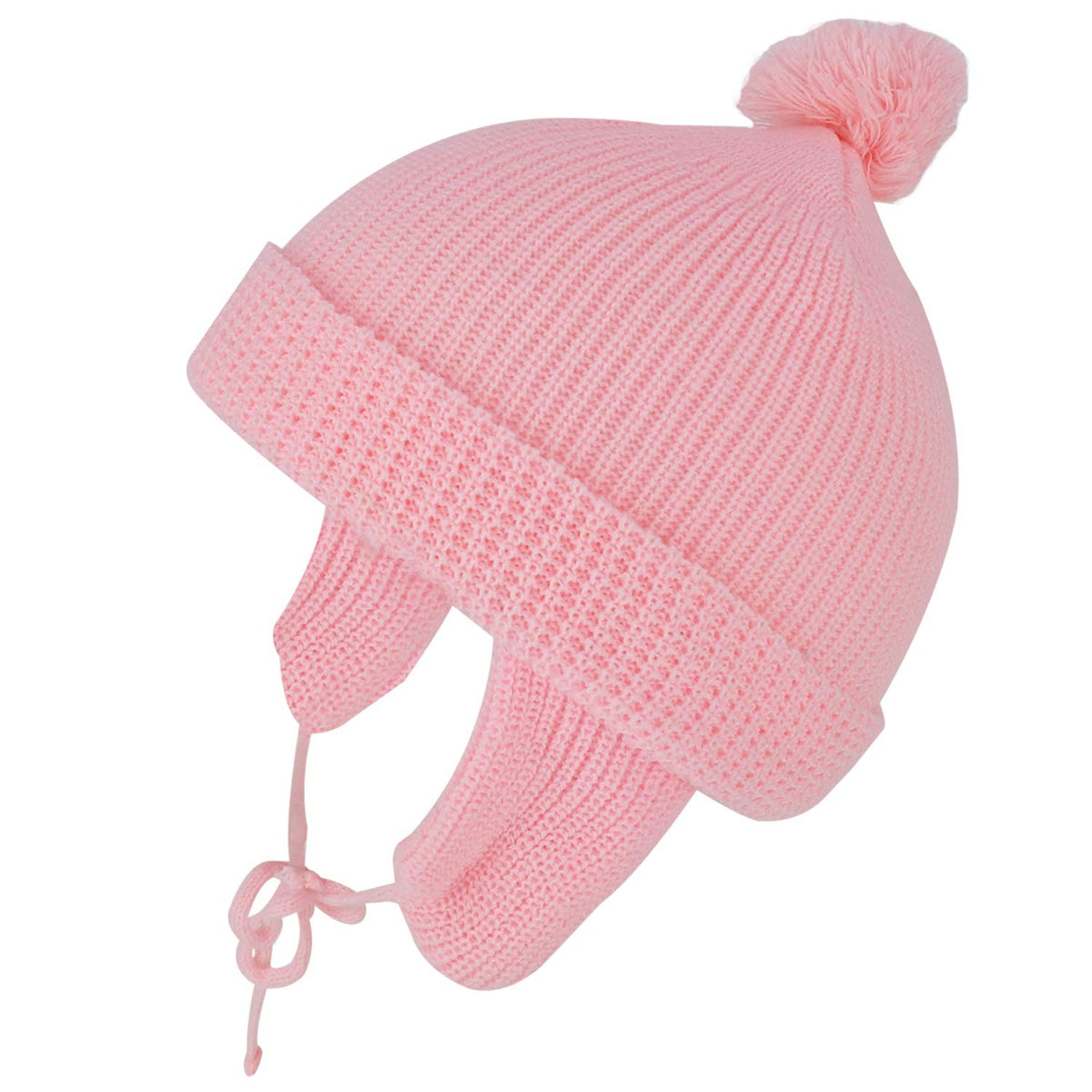 Made in USA, Infant Toddler String Beanie Hat with Pom Pom and Earflaps