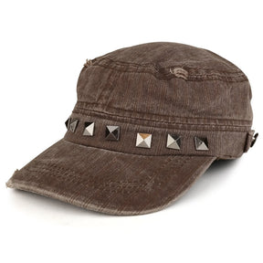 Distressed Flat Top Metallic Studded Frayed Cadet Style Army Cap