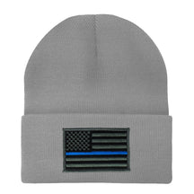 Made in USA - Thin Blue Line American Flag Embroidered Patch Long Cuff Beanie