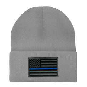 Made in USA - Thin Blue Line American Flag Embroidered Patch Long Cuff Beanie