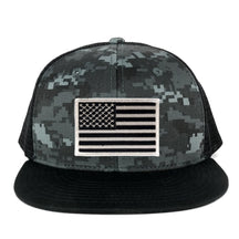 Armycrew US American Flag Embroidered Patch Adjustable Flat Bill Camo Trucker Cap - BNB - Black Grey
