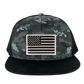 Armycrew US American Flag Embroidered Patch Adjustable Flat Bill Camo Trucker Cap - BNB - Black Grey