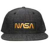 Armycrew NASA Worm Gold Text Embroidered Patch Washed Denim Snapback Cap - Black