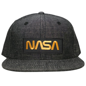 Armycrew NASA Worm Gold Text Embroidered Patch Washed Denim Snapback Cap - Black