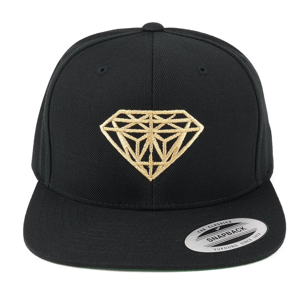 Flexfit Diamond Embroidered Flat Bill Snapback Cap - Black with Metallic Gold Thread