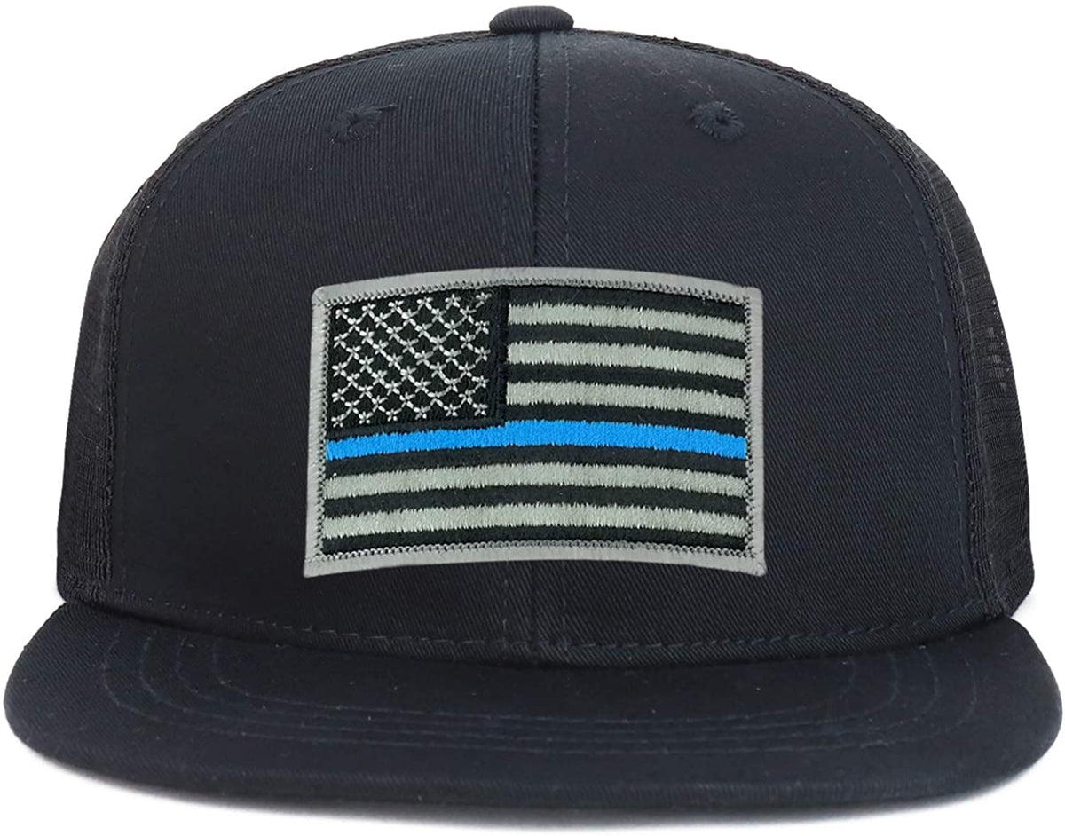 Armycrew Youth Kid's Thin Blue Line American Flag Patch Flat Bill Snapback Trucker Cap