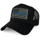 Armycrew XXL Oversize Thin Blue Line USA Flag Patch Mesh Back Trucker Baseball Cap - Black