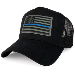 Armycrew XXL Oversize Thin Blue Line USA Flag Patch Mesh Back Trucker Baseball Cap - Black