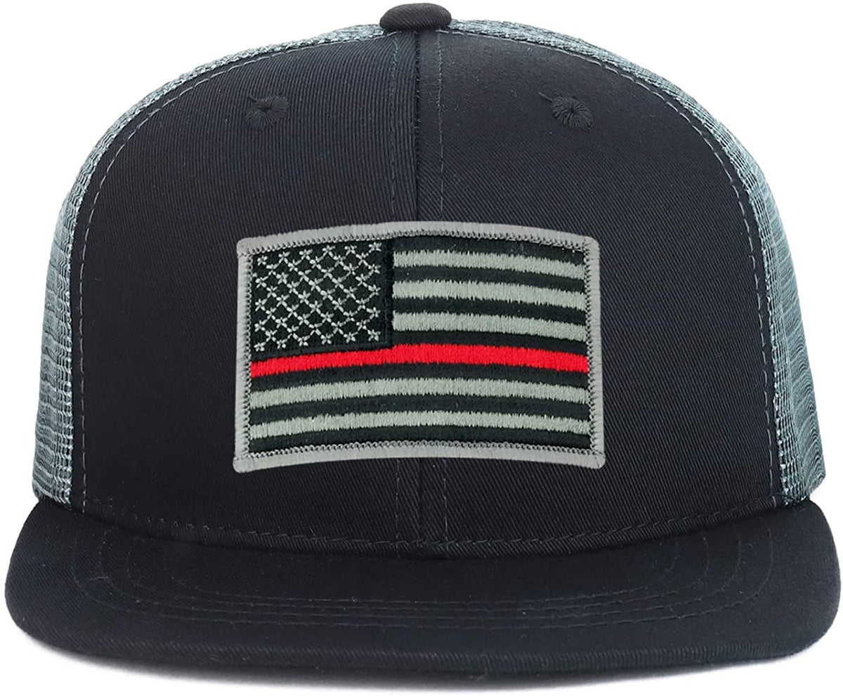 Armycrew Youth Kid's Thin Red Line American Flag Patch Flat Bill Snapback Trucker Cap