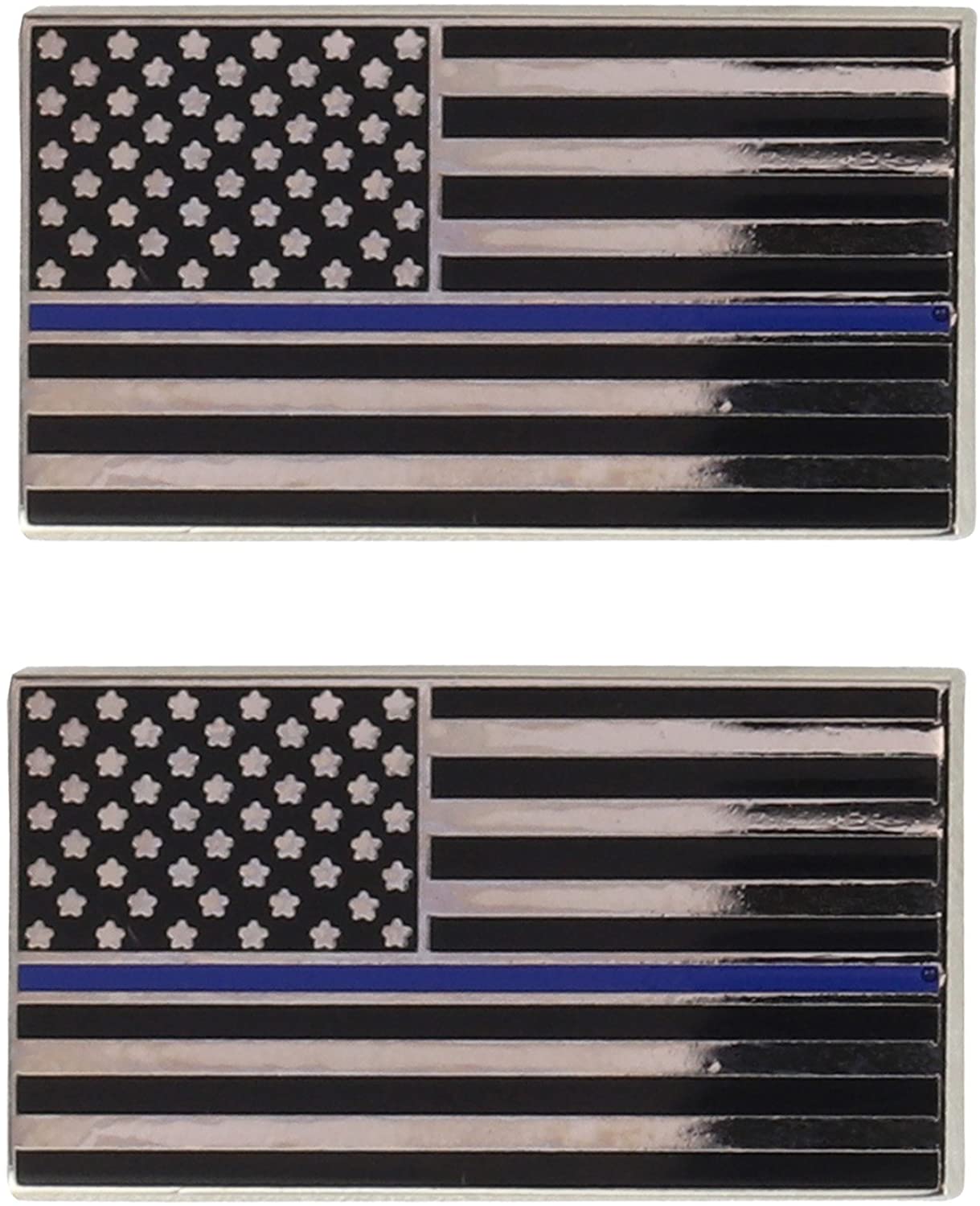 Armycrew Metallic US Thin Blue Line American Flag Law Enforcement Support Badge Lapel Pins 2 Pack Set